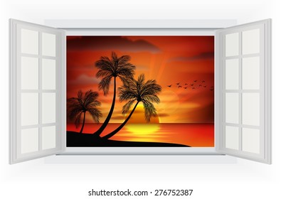 Open window sunset on sea