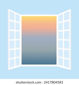 Open Window And Sunset View From Room With Blue Wall Vector Illustration