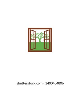 open window and tree logo design vector
