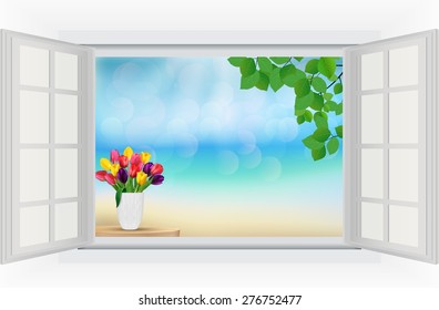Open window with tulip flowers and leaf in rainbow colours in a white glass on the beach