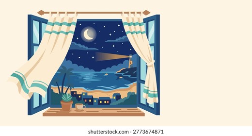Open window with view of beach landscape at night. Light from lighthouse shines over sea and small town under moon and starry sky. Cozy interior scene with plant and cup on windowsill.