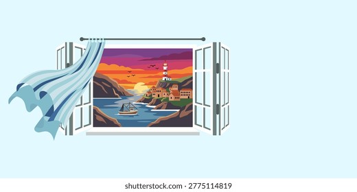 Open window with view of coastal town and lighthouse at sunset. Seaside landscape with fishing boat on sea. Travel and vacation concept. Scenic nature scene for interior decor design.
