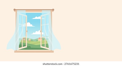 Open window with view of green landscape and village houses. Summer morning breeze blowing white curtains. Interior room scene with outdoor nature scenery and bright sunny blue sky.