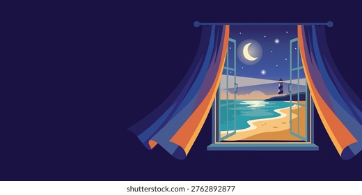 Open window with view on lighthouse and sea at night. Coastal landscape with moon and stars seen from room. Concept of travel, relaxation and peace. Illustration of scenery.