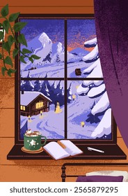 Open window view on winter landscape outside, card. Cozy snowy evening, night scenery from home inside, warm cocoa, book on wooden windowsill. Countryside, holiday postcard. Flat vector illustration