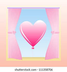Open window with view of a red heart balloon showing love feelings.