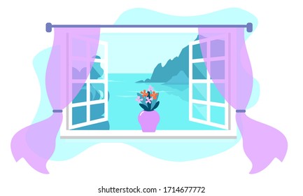 An open window with a view of the sea landscape and fluttering curtains. Vector image on a white background.