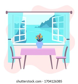 An open window with a view of the sea and mountains. Vector image on a white background.