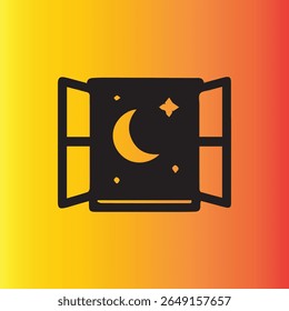 Uma janela aberta mostrando uma noite serena com uma lua crescente e estrelas contra um céu escuro. Adequado para temas de histórias de ninar de sonho.