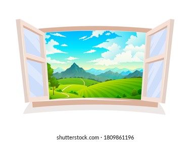 Abre la ventana. Vista desde una ventana de madera sobre el paisaje, la escena del día soleado, el campo de las colinas y la montaña, el cielo azul de la tierra y de la nublada, la hierba silvestre y el fondo del campo forestal con ilustración de un vector de árbol