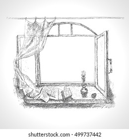 Open window. Vintage still life. Candle, book, papers, fountain pen. Hand Drawn retro Illustration in ancient engraving style
