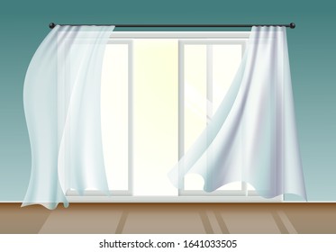 Open window with white curtains billowing and fluttering by wind, realistic vector illustration against house interior background. Textile home decoration mockup.