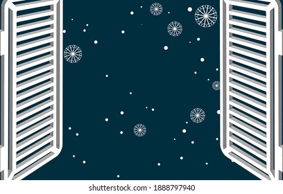 Abre la ventana con persianas de entramado blanco. Noche nevada afuera de la ventana. Ilustración del vector