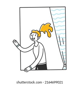 Open window with young woman inside apartments. Exterior of building with neighbors, friends talking, reading book. Vector illustration