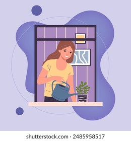 Open window with young woman watering plant vector illustration. Exterior of building with woman living inside. Design, daily routine concept