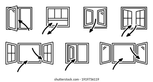 Open windows and air exchange. Set of vector window line art