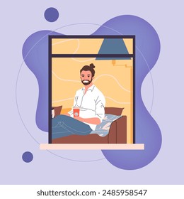 Open windows with bearded man sitting on sofa and drinking coffee at home. Vector illustration of exterior of building with man living inside. Home, daily routine, leisure concept
