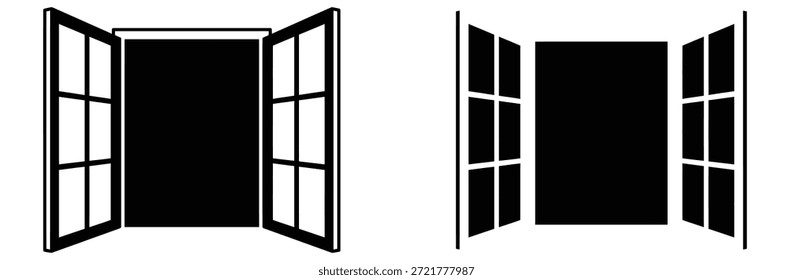 Abra las ventanas con fondos negros y marcos blancos uno al lado del otro, ícono de Vector de ventana abierta. Diseño de Vector de ventana abierta, conjunto de iconos de ventana abierta aislado sobre fondo blanco