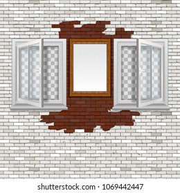 Open windows in a brick wall with a white wooden frame.