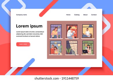 Ventanas abiertas con vecinos diversos y amigables en apartamentos ilustrados vectoriales. Exterior de edificio con hombres y mujeres viviendo dentro. Feliz barrio, rutina diaria