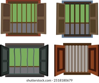 Open Windows group isolated on white background.Wooden windows set.Window collection vector illustration for cartoon animation