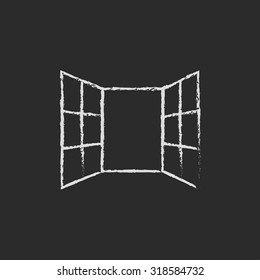 Open windows hand drawn in chalk on a blackboard vector white icon isolated on a black background.