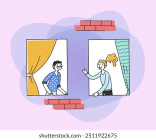 Open windows with man and woman inside apartments. Exterior of building with neighbors or friends talking. Vector illustration for block of flats, condo, community concept