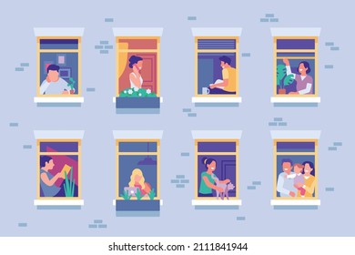 Open windows with people. Neighbors house. Brick facade and windowsill. Different residents do chores. Woman with petting cat. Man watching or talking on phone. Vector
