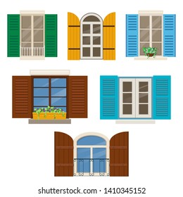 Open windows with shutters. Different windows with colorful shutters and window plants. Vector illustration