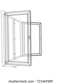 Open windows sketch. Vector rendering of 3d. Wire-frame style. The layers of visible and invisible lines are separated