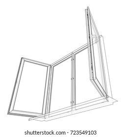 Open windows sketch. Vector rendering of 3d. Wire-frame style. The layers of visible and invisible lines are separated
