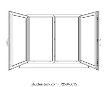 Open windows sketch. Vector rendering of 3d. Wire-frame style. The layers of visible and invisible lines are separated
