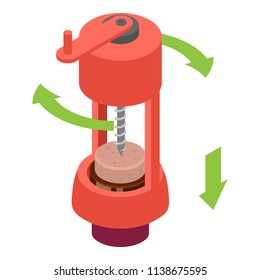 Open wine bottle mechanical corkscrew icon. Isometric of open wine bottle mechanical corkscrew vector icon for web design isolated on white background