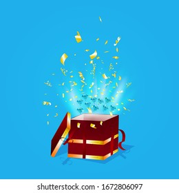 open winning red box with gold confetti small diamonds on blue background red ribbons vector graphic illustration