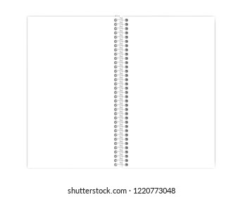 Open wire bound empty notebook isolated on white background template. Spiral coil spring blank notepad legal paper format. Vector mock-up.