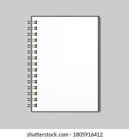 Open wire bound notebook, realistic vector mockup. Golden metal spiral notepad with white blank paper page, mock-up.