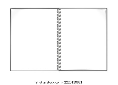 Open wire bound notebook vector mock-up. Spiral notepad blank white pages mockup. Wirebound notepad spread template