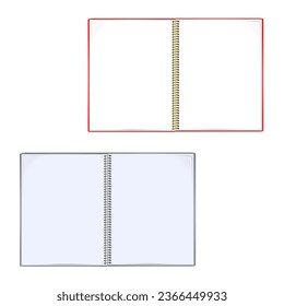 Burla del vector del portátil con conexión de cable abierta. Nota de espiral metálica se burla de páginas blancas en blanco. Plantilla de propagación de bloc de notas de enlace. Colores fáciles de editar