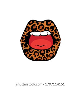 Open women mouth with leopard pattern on lips icon, cartoon vector illustration isolated on white background. Fashion pop art style symbol or sticker print.
