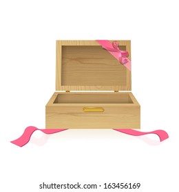 Open wood box with red ribbons. Vector design 