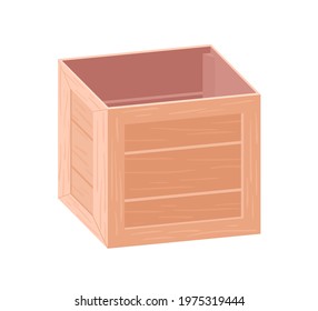 Open wooden box for storage and transportation. Empty wood crate for goods and stuff. Square container from plywood. Package from planks. Colored flat vector illustration isolated on white background