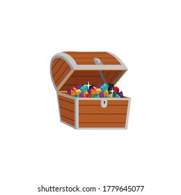 Open wooden chest with colorful diamonds and gems, cartoon flat vector illustration isolated on white background. Pirate wealth and kings treasure icon or symbol.