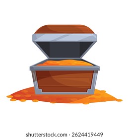 Open wooden chest overflowing with gold coins, treasure chest standing on a pile of gold