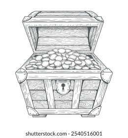 Open wooden chest. Treasure box had drawn sketch isolated vector illustration