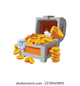 Open wooden chest with treasures and coins stack. Isolated cartoon vector illustration of box full with money, gemstone, crown, jewelry and cup. Game ui asset trophy.