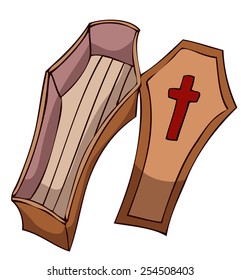 Open Wooden Coffin, Vector Illustration isolated on White Background. 