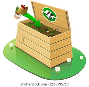 Open wooden compost bin with organic matter like peelings and eggshells with an arrow indicating that it can be added in the composting (cut out)