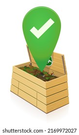 Open wooden composter on which is placed a green marker with the check symbolizing the good quality of the compost