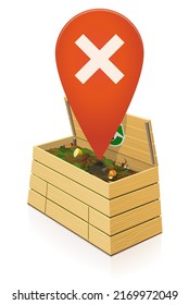 Open wooden composter with a red marker on it with a cross symbolizing poor quality compost