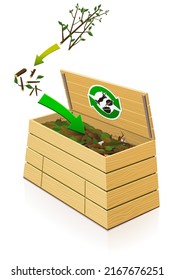 Open wooden composter in which tree branches are deposited after their cutting into small pieces